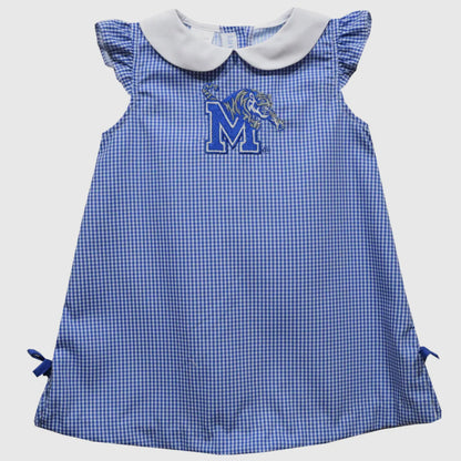 Blue checkered dress with white collar and logo on a light gray background