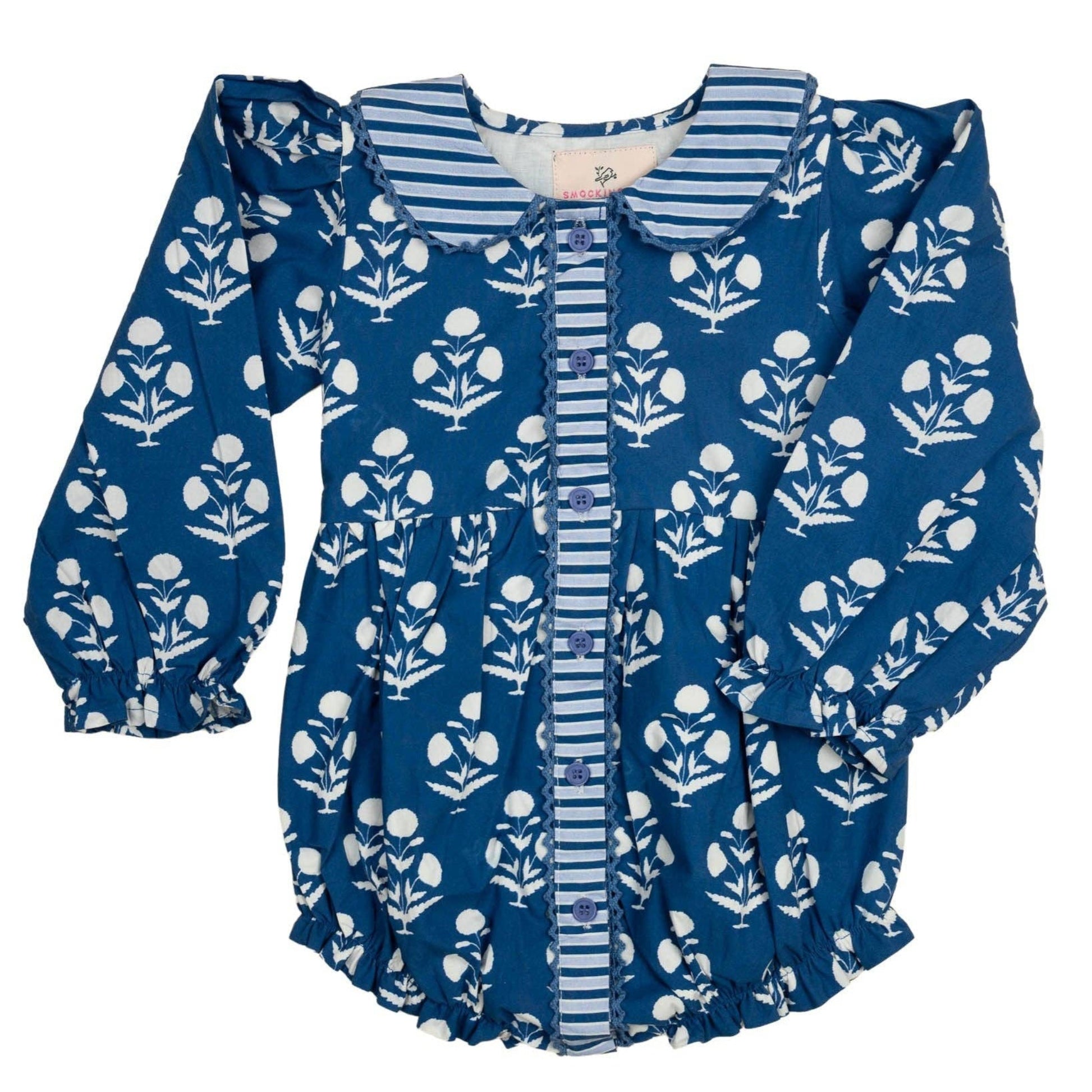 Blue floral-patterned blouse with ruffled sleeves on a white background
