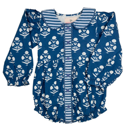 Blue floral-patterned blouse with ruffled sleeves on a white background