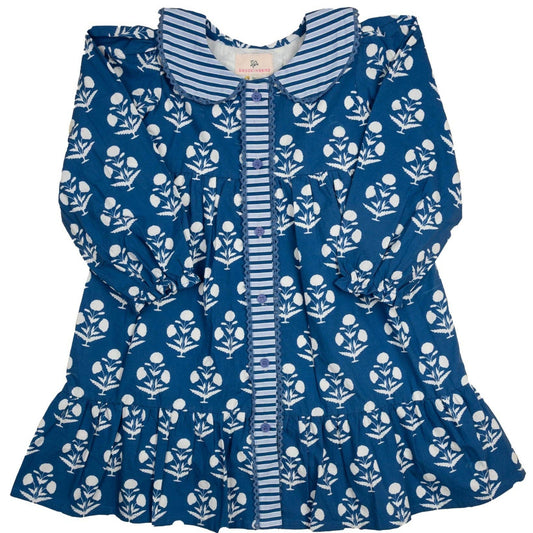 Blue dress with white floral pattern on a white background