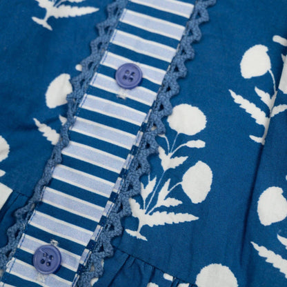Close-up of a blue fabric with white floral patterns, buttons, and striped sections.