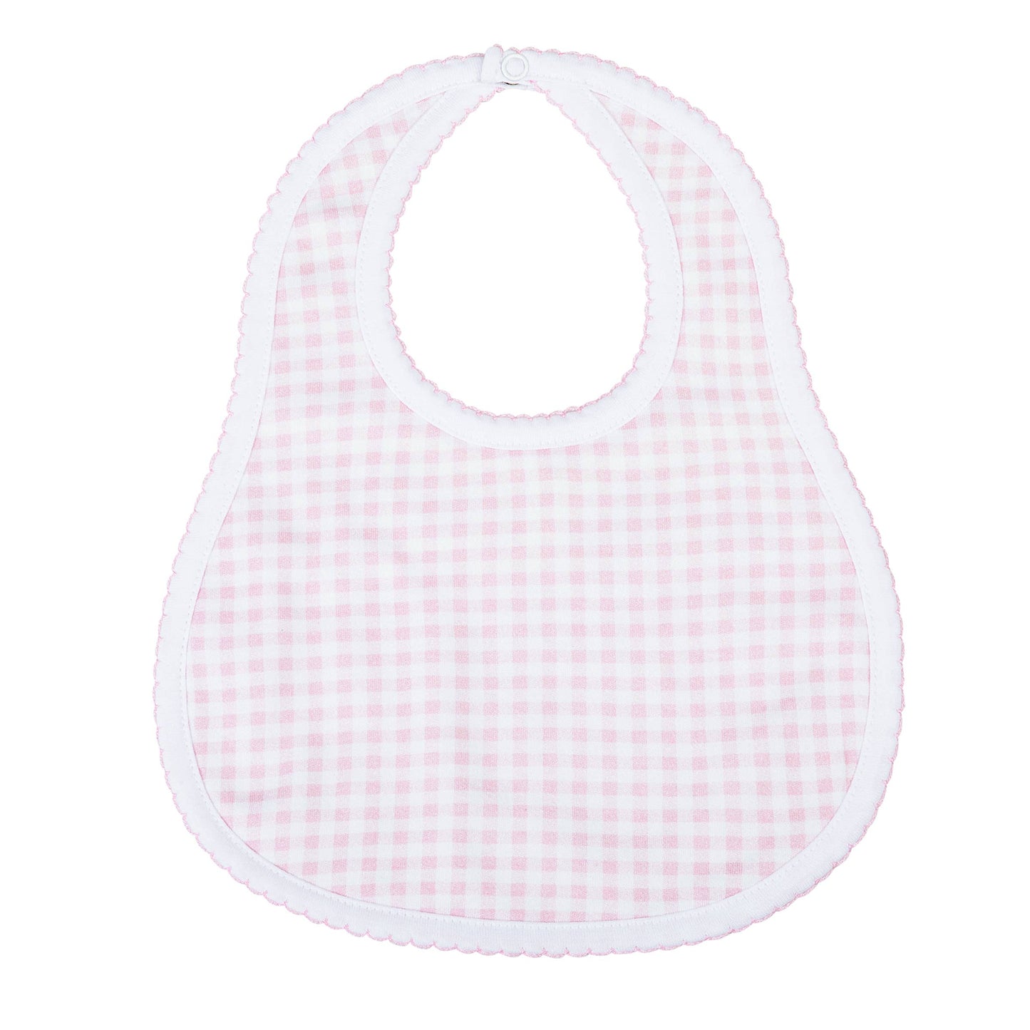 Pink checkered baby bib on a white background