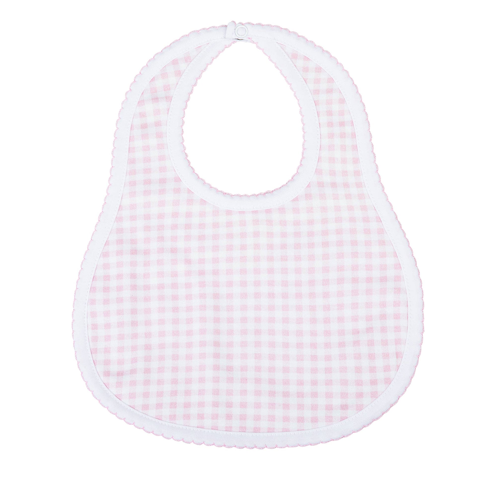 Pink checkered baby bib on a white background