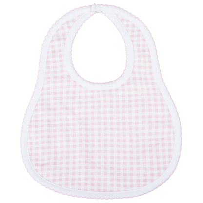 Pink checkered baby bib on a white background
