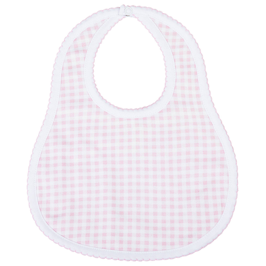 Pink checkered baby bib on a white background