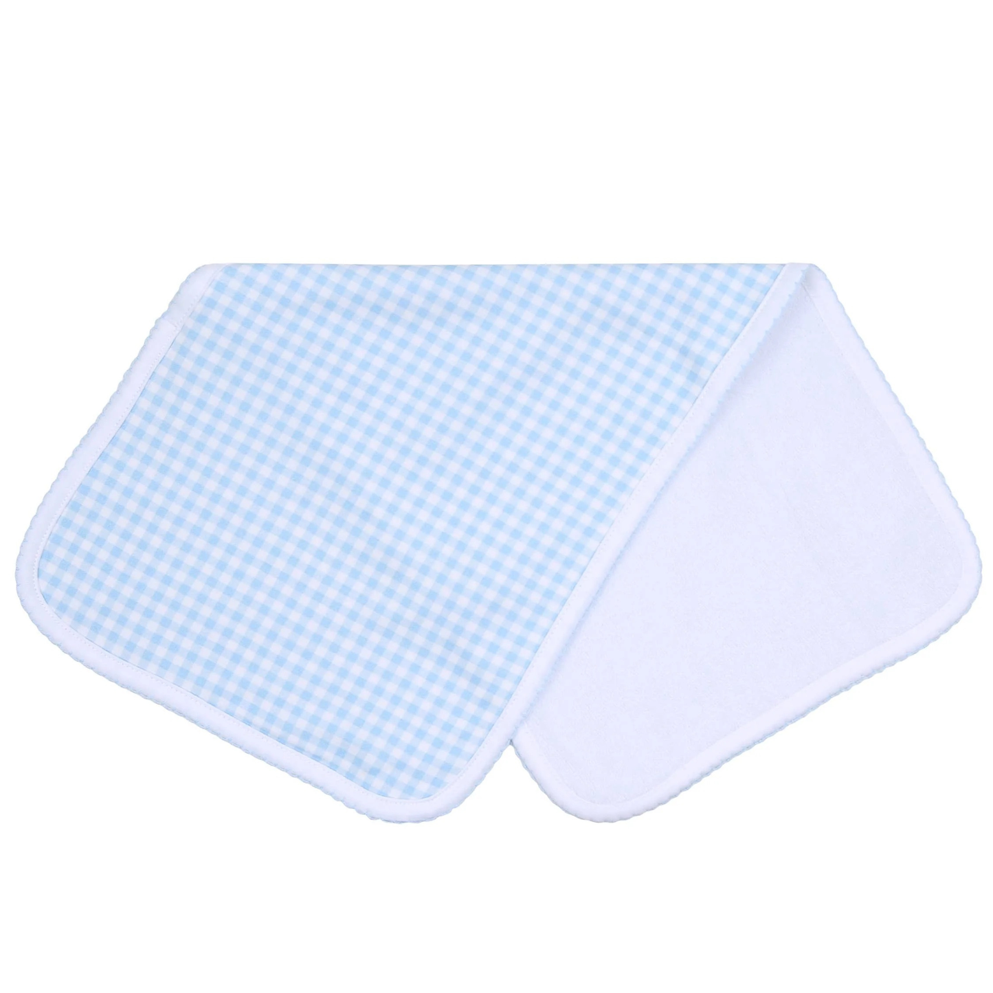 Light blue checkered pima cotton baby bib with blue picot trim on a white background
