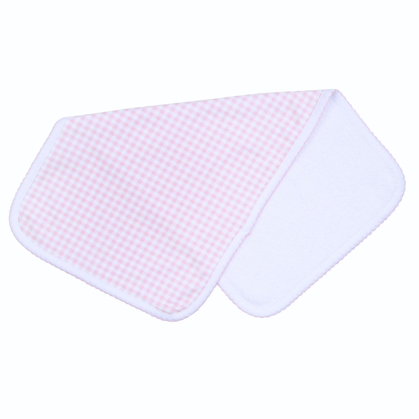 Baby bib with pink checkered pattern with pink picot trim pima cotton on a white background