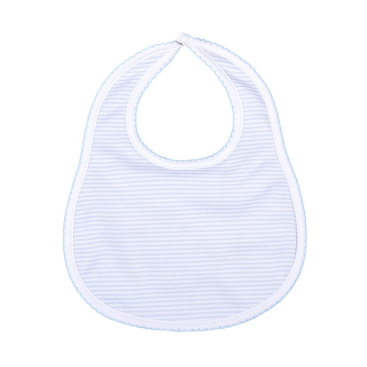 White baby bib with blue stripes on a white background