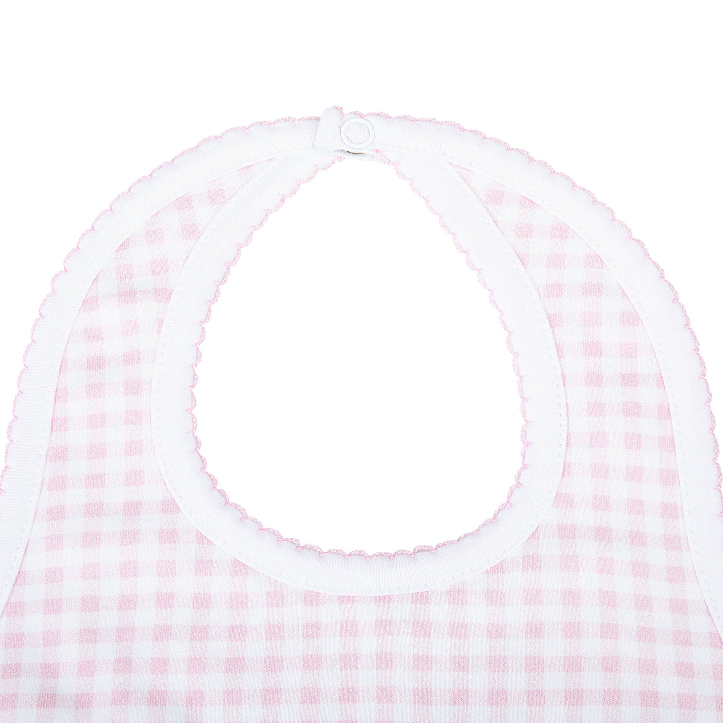 Pink and white checkered bib on a white background