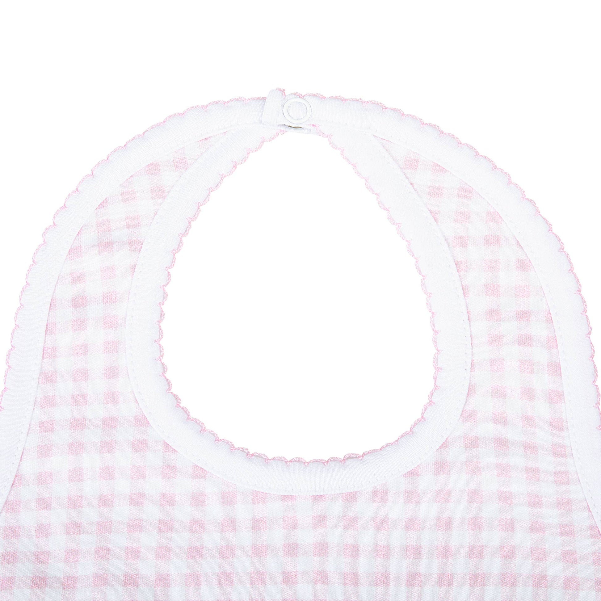 Pink and white checkered bib on a white background