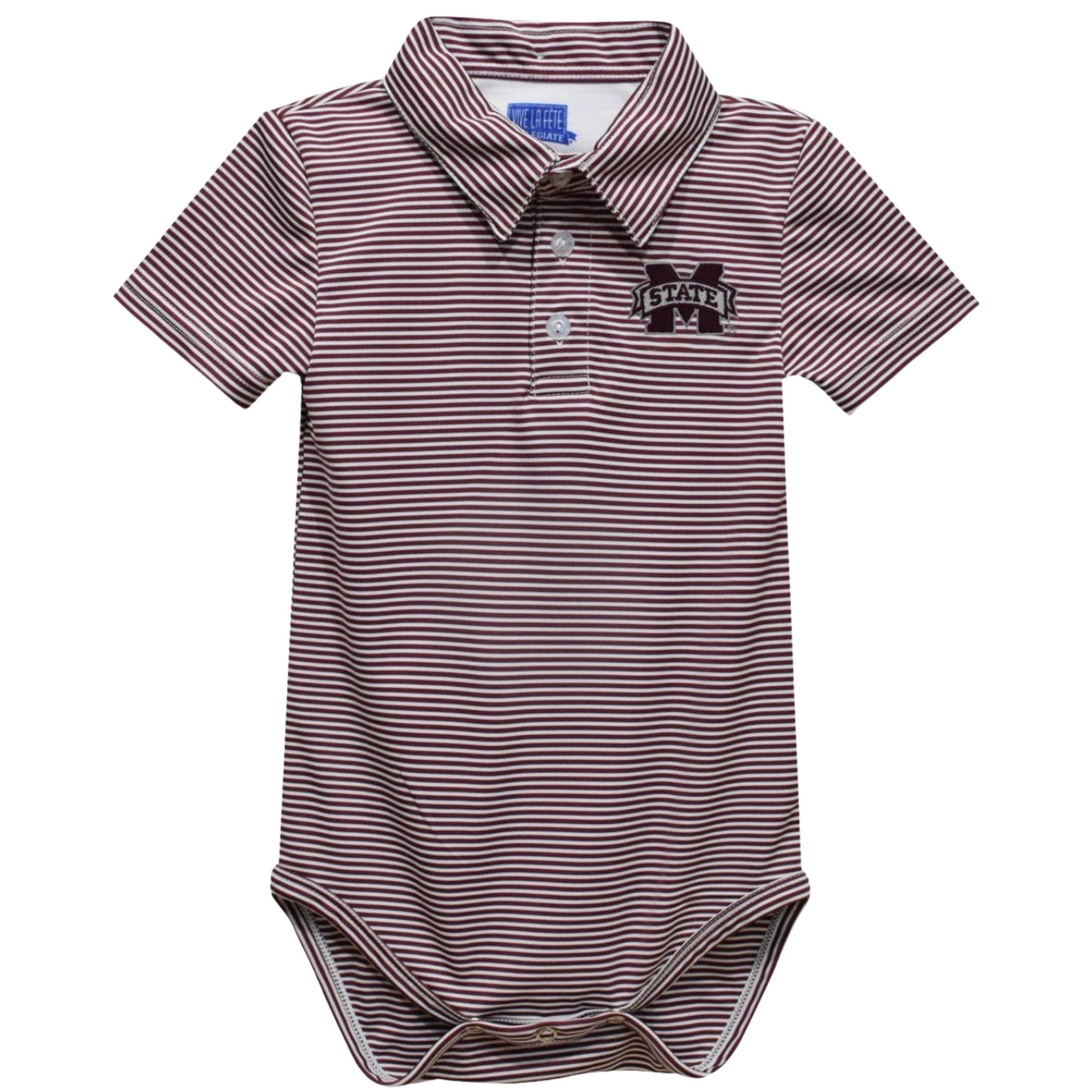 A baby short-sleeve polo bodysuit with thin horizontal burgundy and white stripes, featuring a snap collar, two-button placket, and a black and white 'LEAVES' graphic on the left chest.