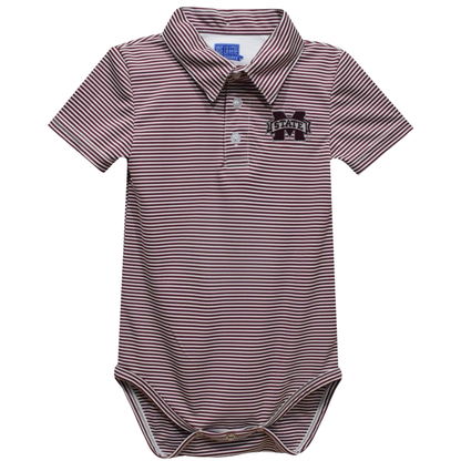 A baby short-sleeve polo bodysuit with thin horizontal burgundy and white stripes, featuring a snap collar, two-button placket, and a black and white 'LEAVES' graphic on the left chest.