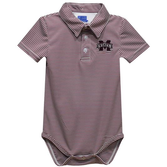 A baby short-sleeve polo bodysuit with thin horizontal burgundy and white stripes, featuring a snap collar, two-button placket, and a black and white 'LEAVES' graphic on the left chest.