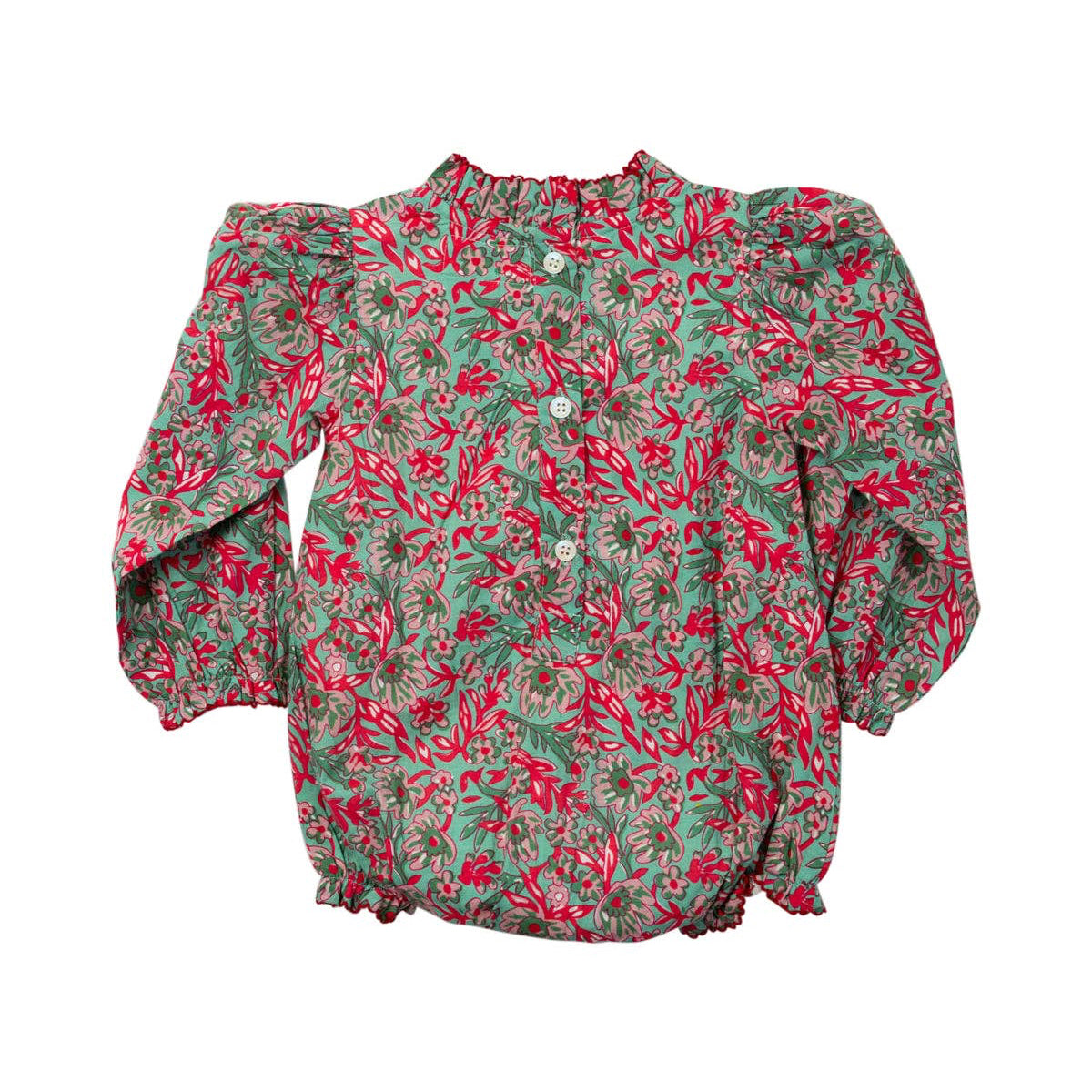 Floral patterned baby romper on a white background