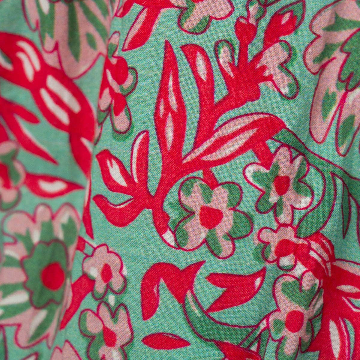 Close-up of a fabric with red and green floral pattern on a teal background