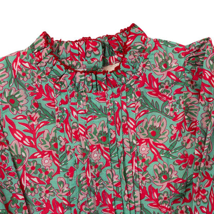 Close-up of a floral patterned fabric with red and green colors.