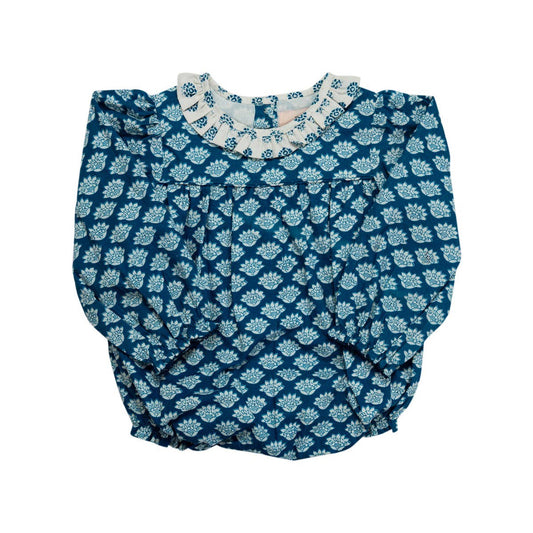 Blue floral-patterned baby bloomers on a white background