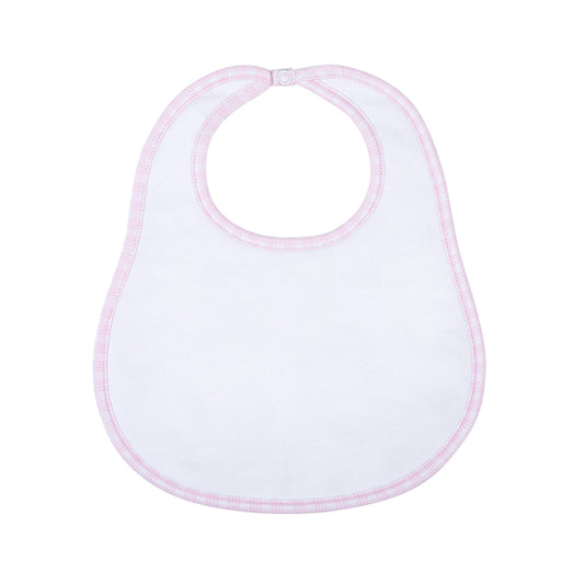 White baby bib with pink trim on a white background