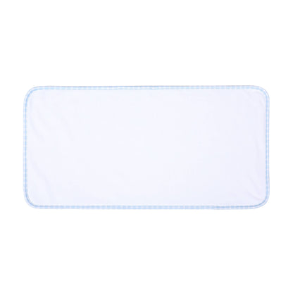 Rectangular white cloth with blue trim on a white background