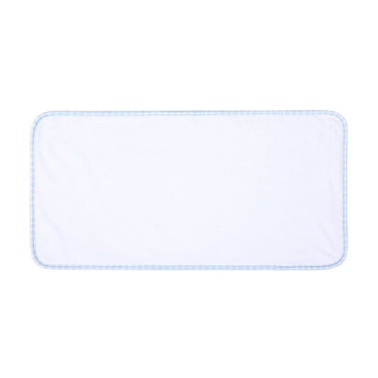 Rectangular white cloth with blue trim on a white background
