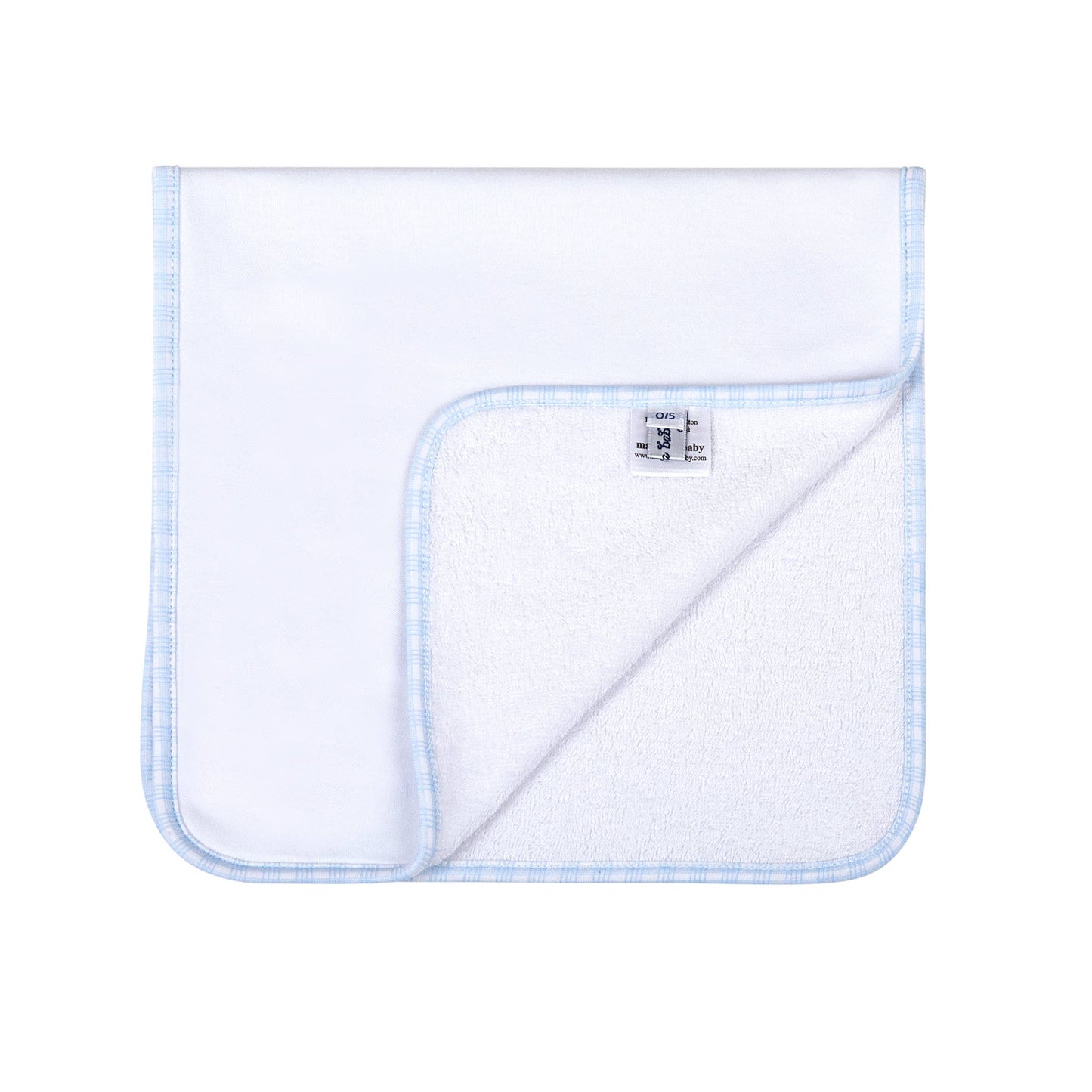 White towel with blue trim on a white background