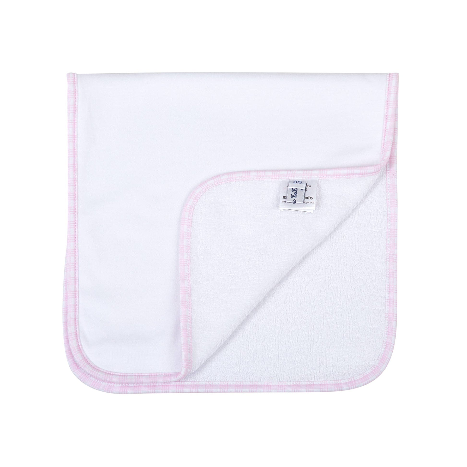 White baby burp cloth with pink trim on a white background
