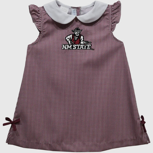 Checkered dress with embroidered logo on a light gray background