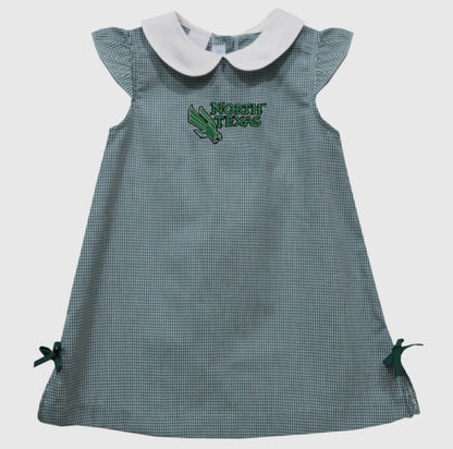 Green checkered dress with white collar and 'North Texas' embroidery on a light gray background