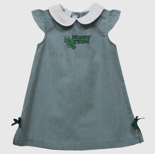 Green checkered dress with white collar and 'North Texas' embroidery on a light gray background