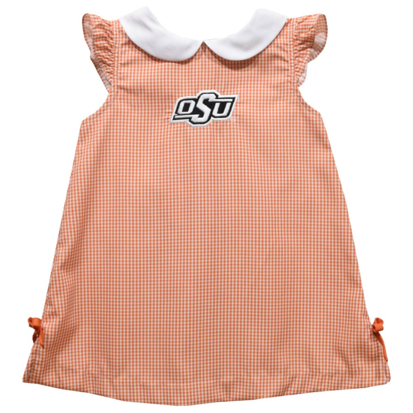 Orange checkered dress with white collar and OSU logo on a white background