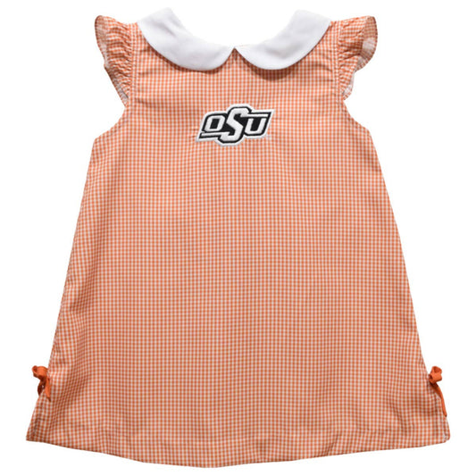 Orange checkered dress with white collar and OSU logo on a white background