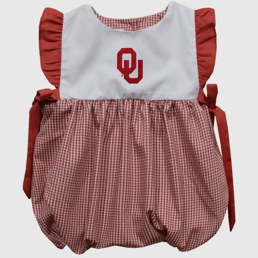 Baby romper with red and white checkered pattern and Oklahoma Sooners logo on a light gray background