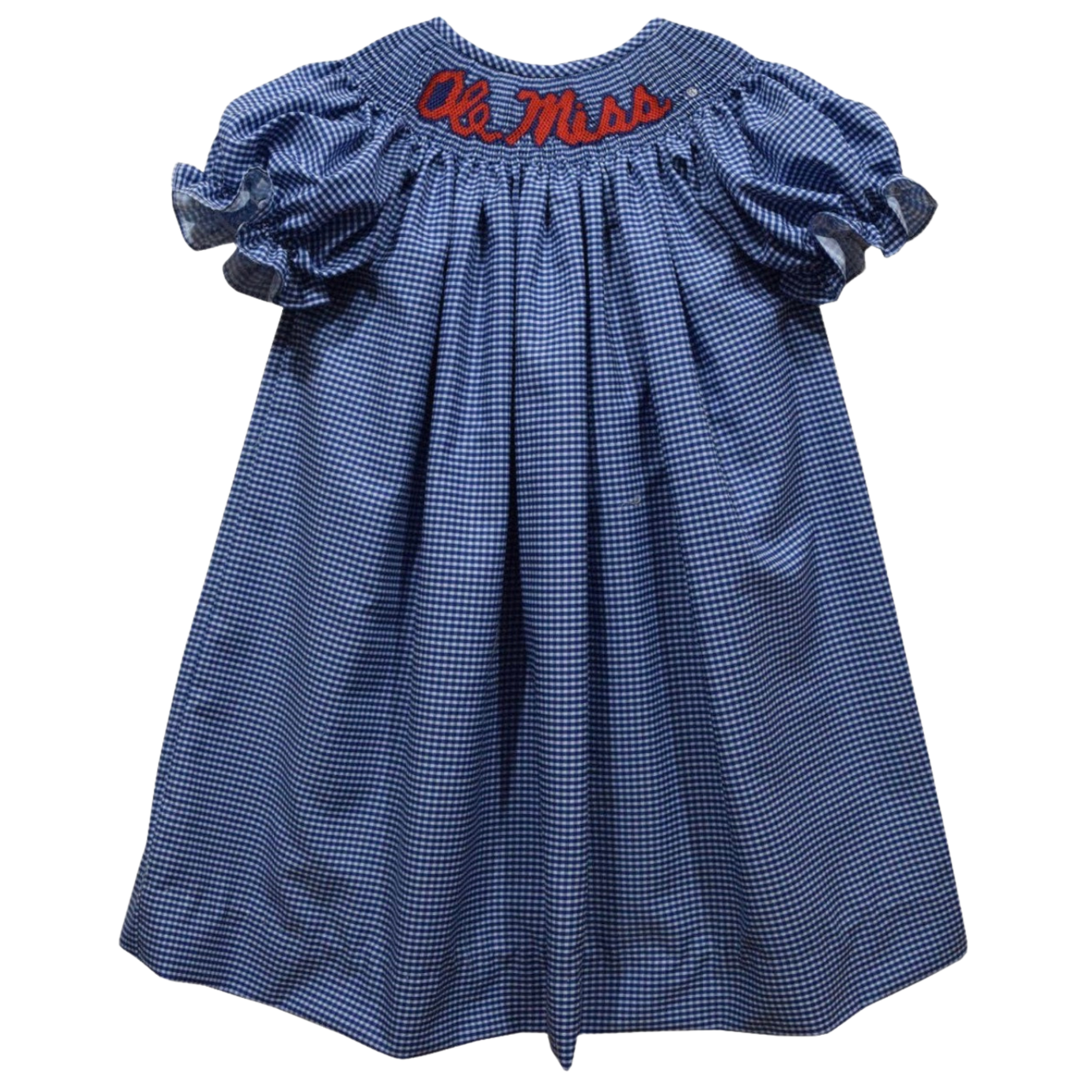 A blue and white gingham baby dress with puffed sleeves and 'Ole Miss' embroidered in red on the back neckline, shown against a plain white background.