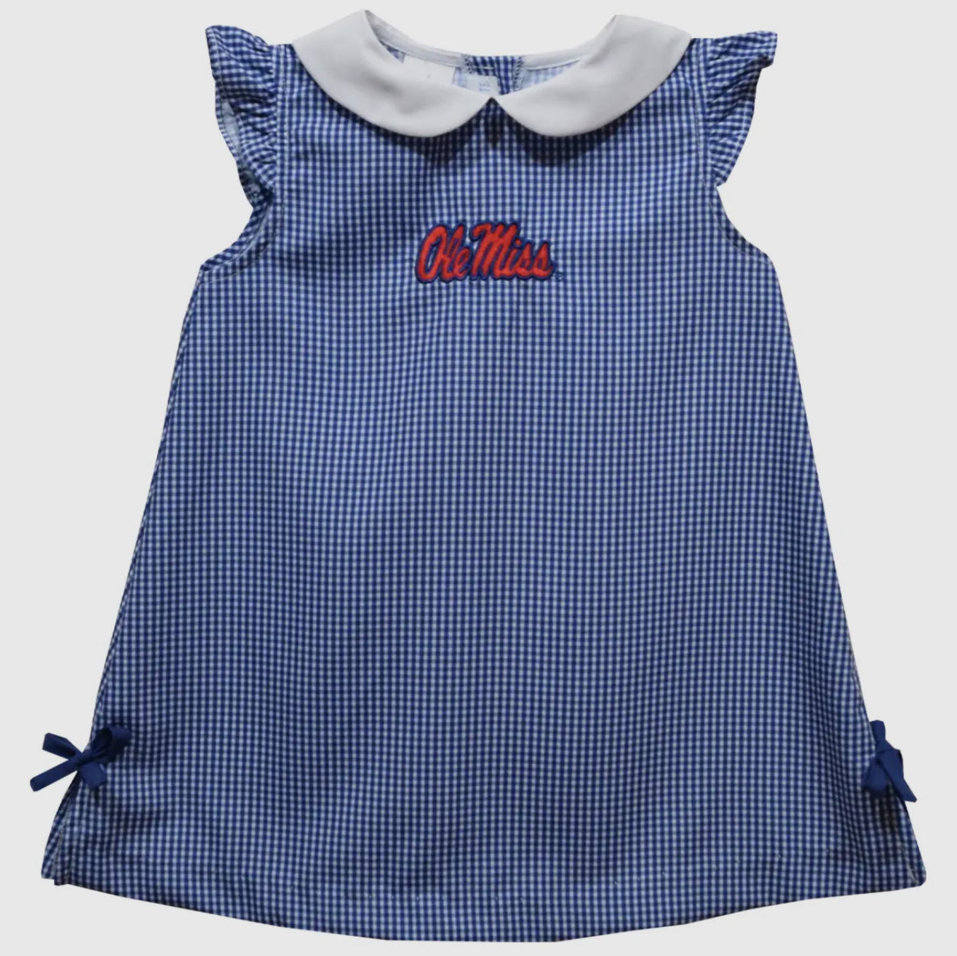 Blue checkered dress with 'Ole Miss' embroidery on a white background