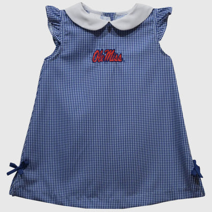 Blue checkered dress with 'Ole Miss' embroidery on a white background