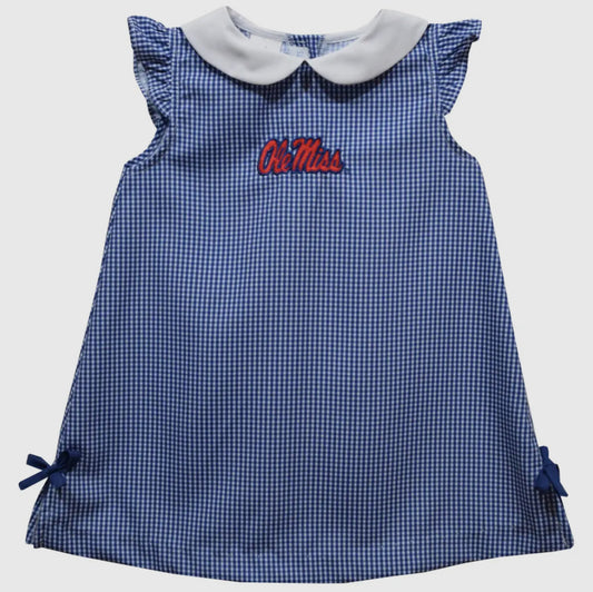 Blue checkered dress with 'Ole Miss' embroidery on a white background