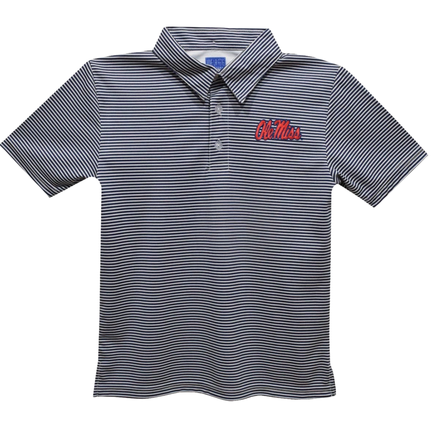 A short-sleeve polo shirt with thin horizontal navy and white stripes, featuring a red embroidered 'Ole Miss' logo on the left chest.