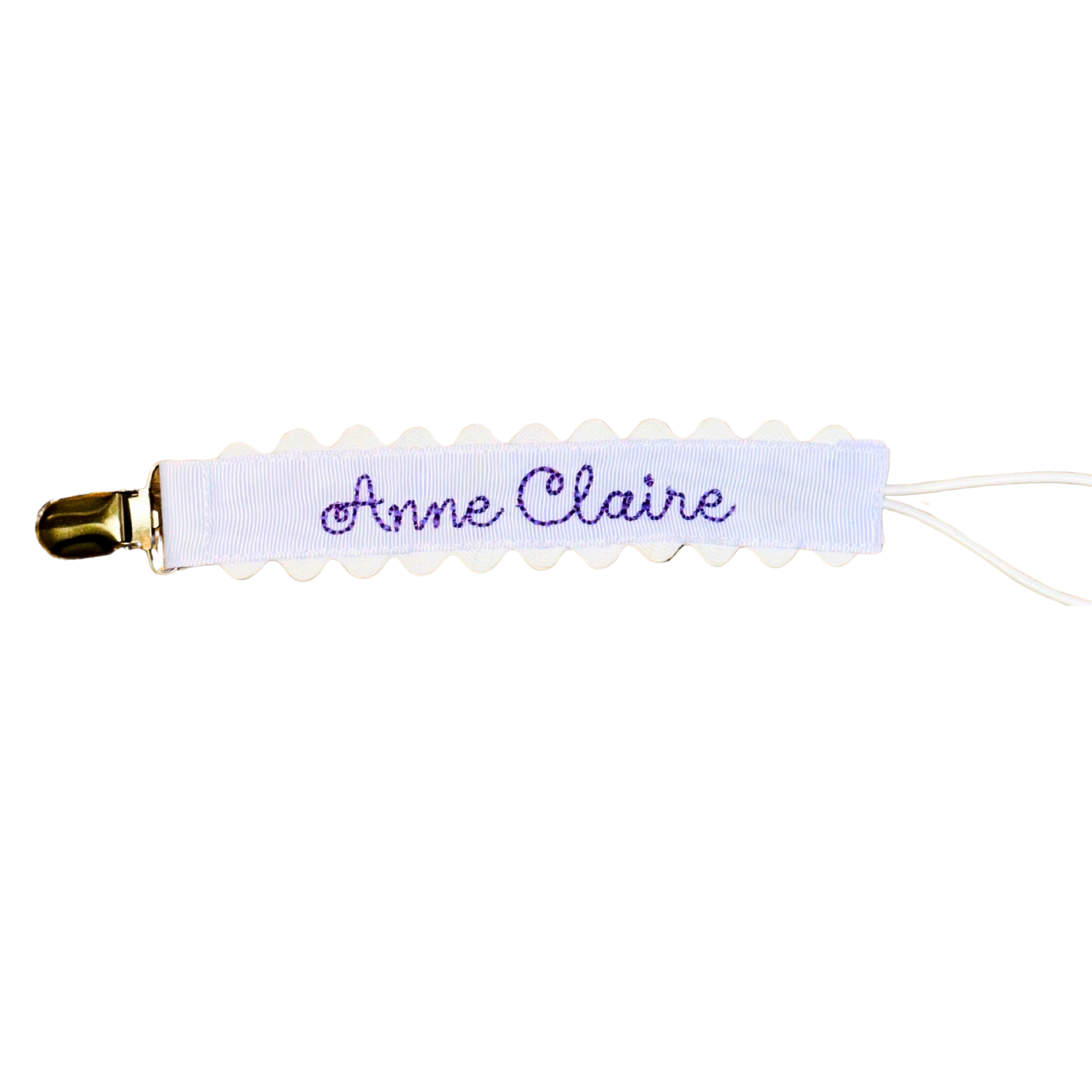 Lavender Paci Clip with White Scallop Detail on a white background