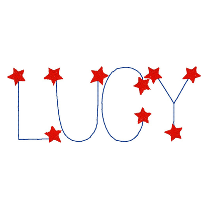 Embroidery font 'LUCY' with red stars on a white background