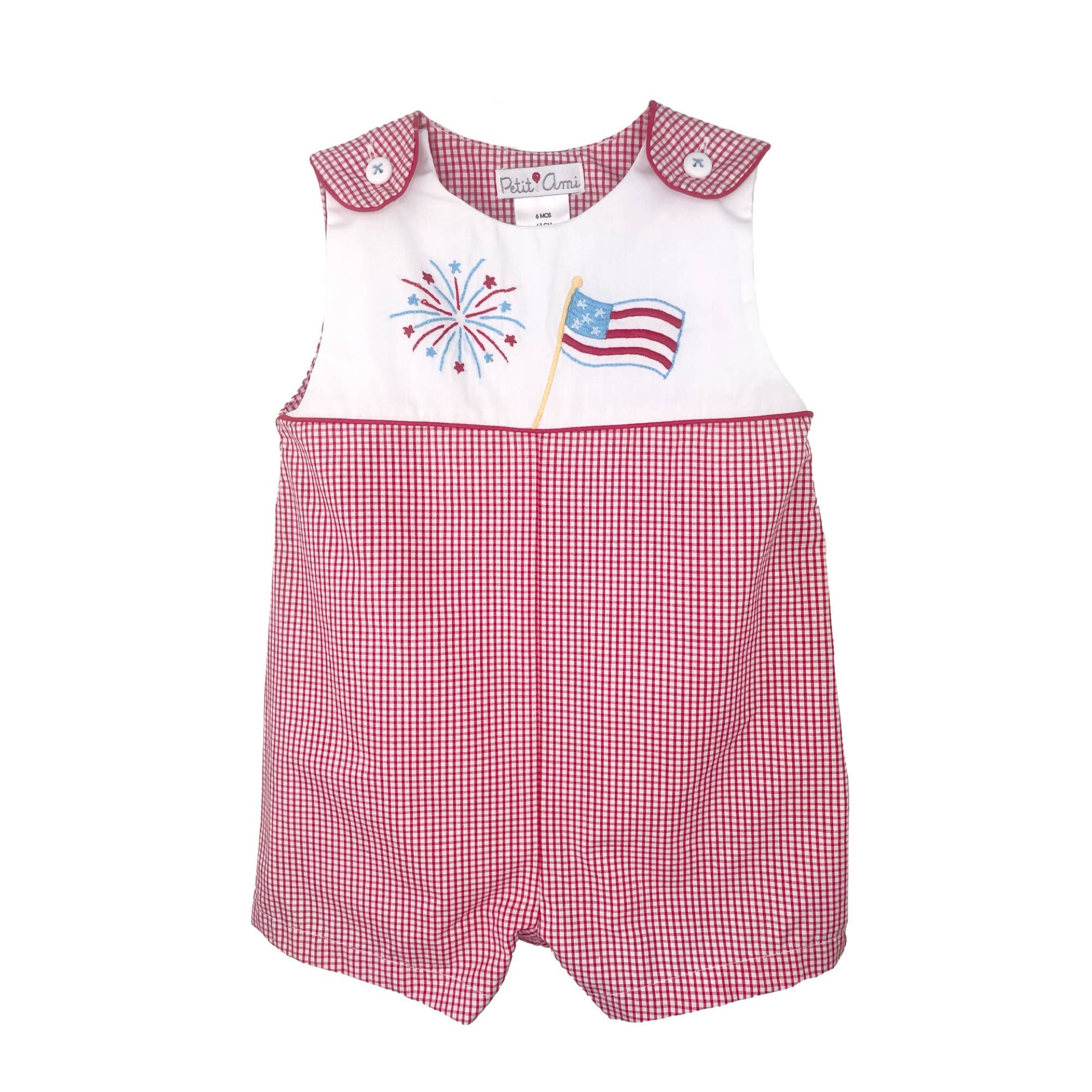 Red and white checkered romper with American flag and fireworks design on a white background