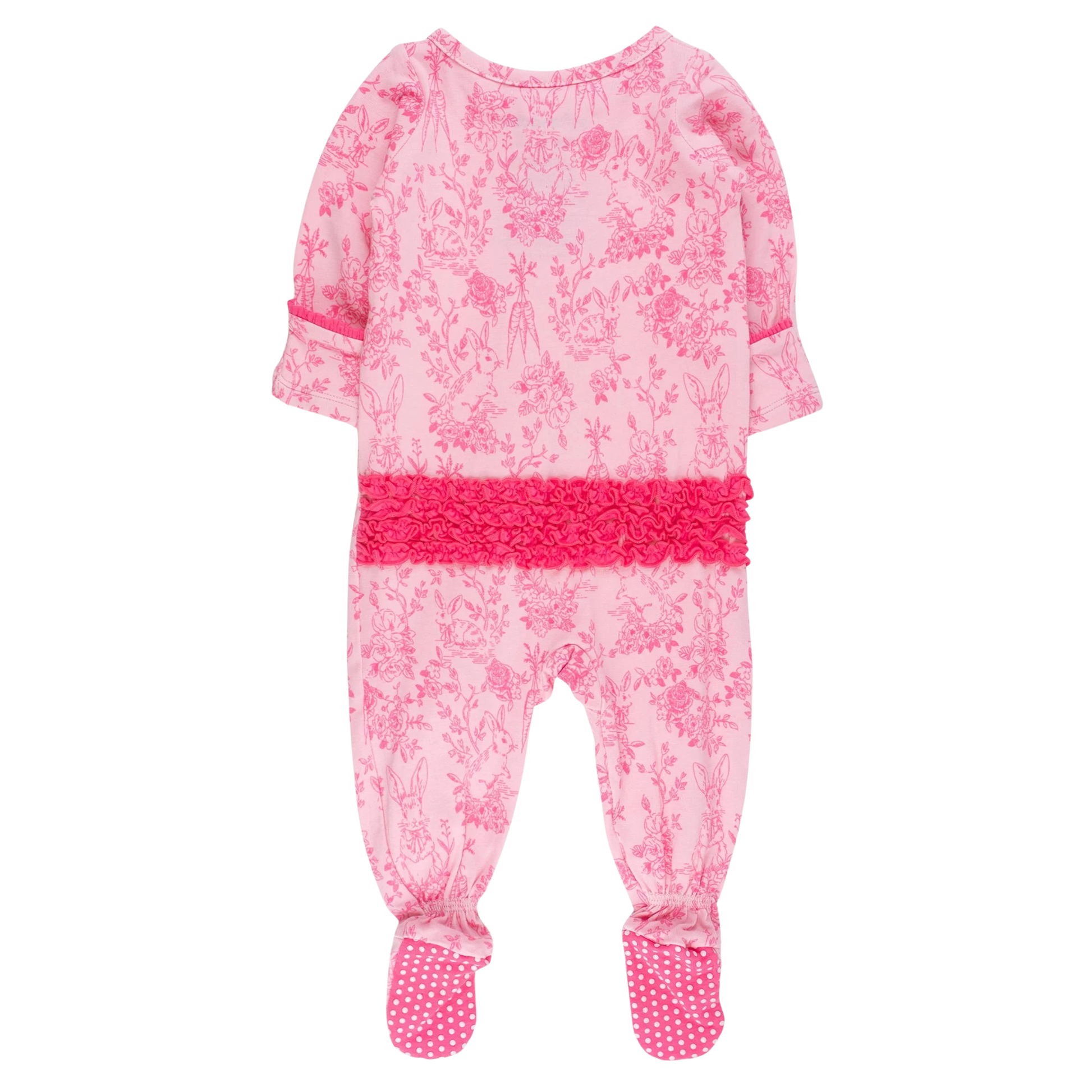 Pink baby outfit with floral pattern on a white background