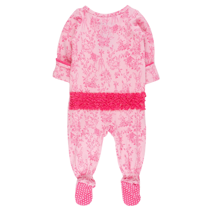 Pink baby outfit with floral pattern on a white background