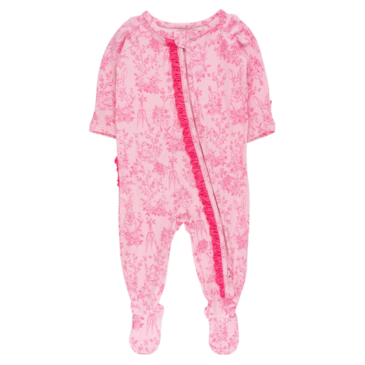 Pink baby onesie with floral pattern and zipper on a white background