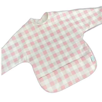 Pink and white checkered baby bib on a white background