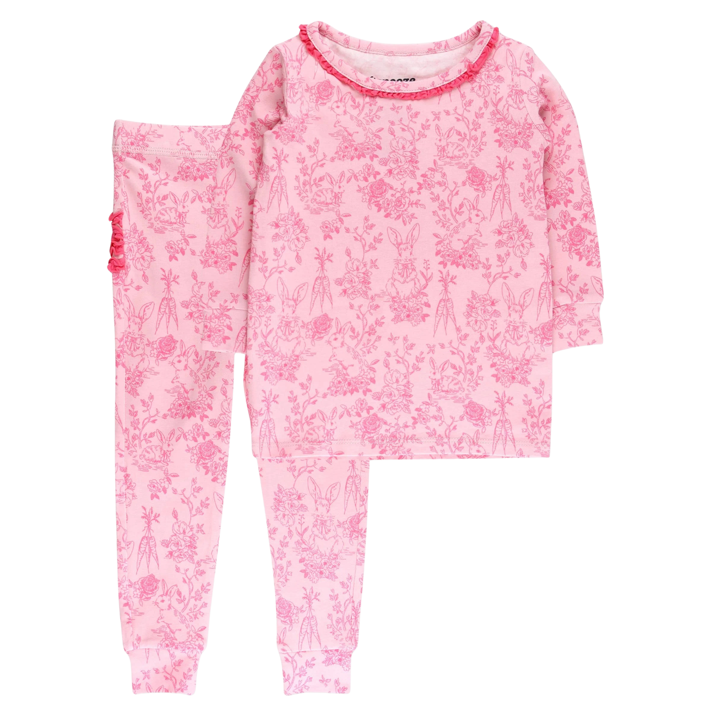 Pink children's pajama set with a floral pattern on a white background