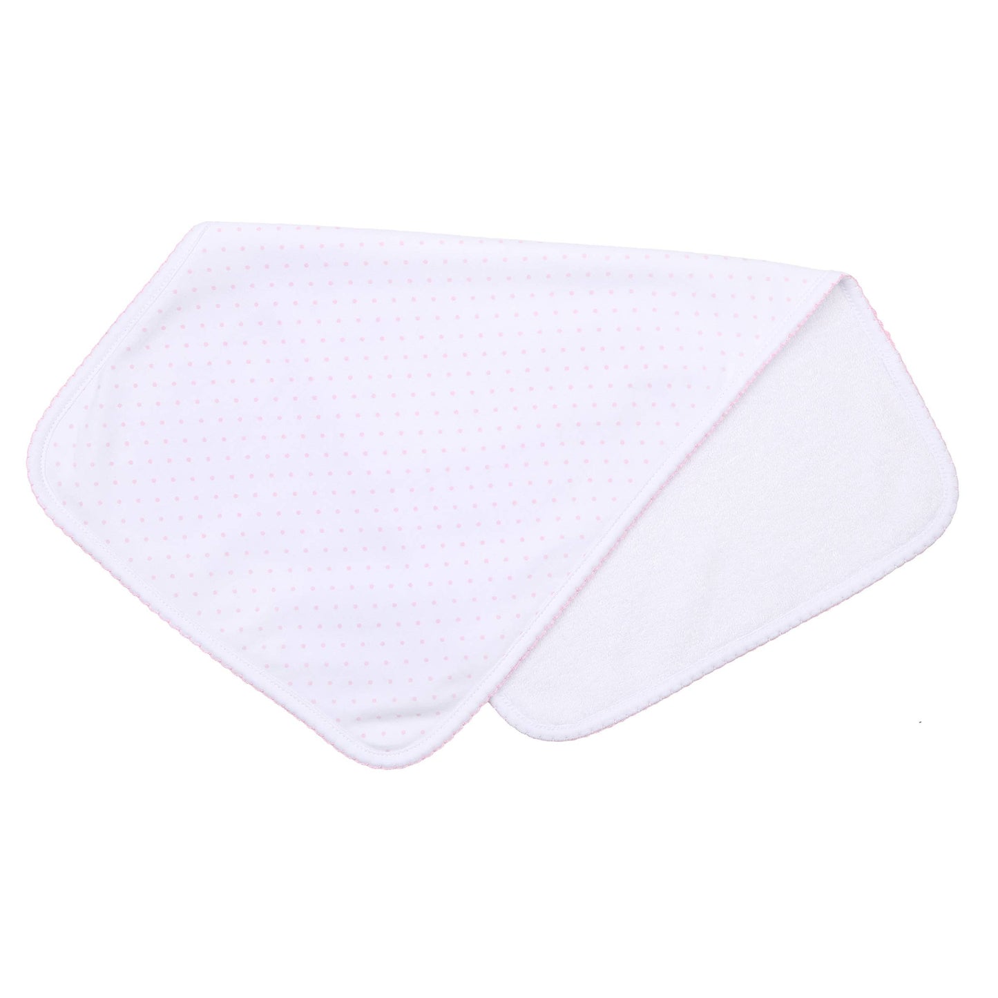 white burp cloth with pink dots on white background