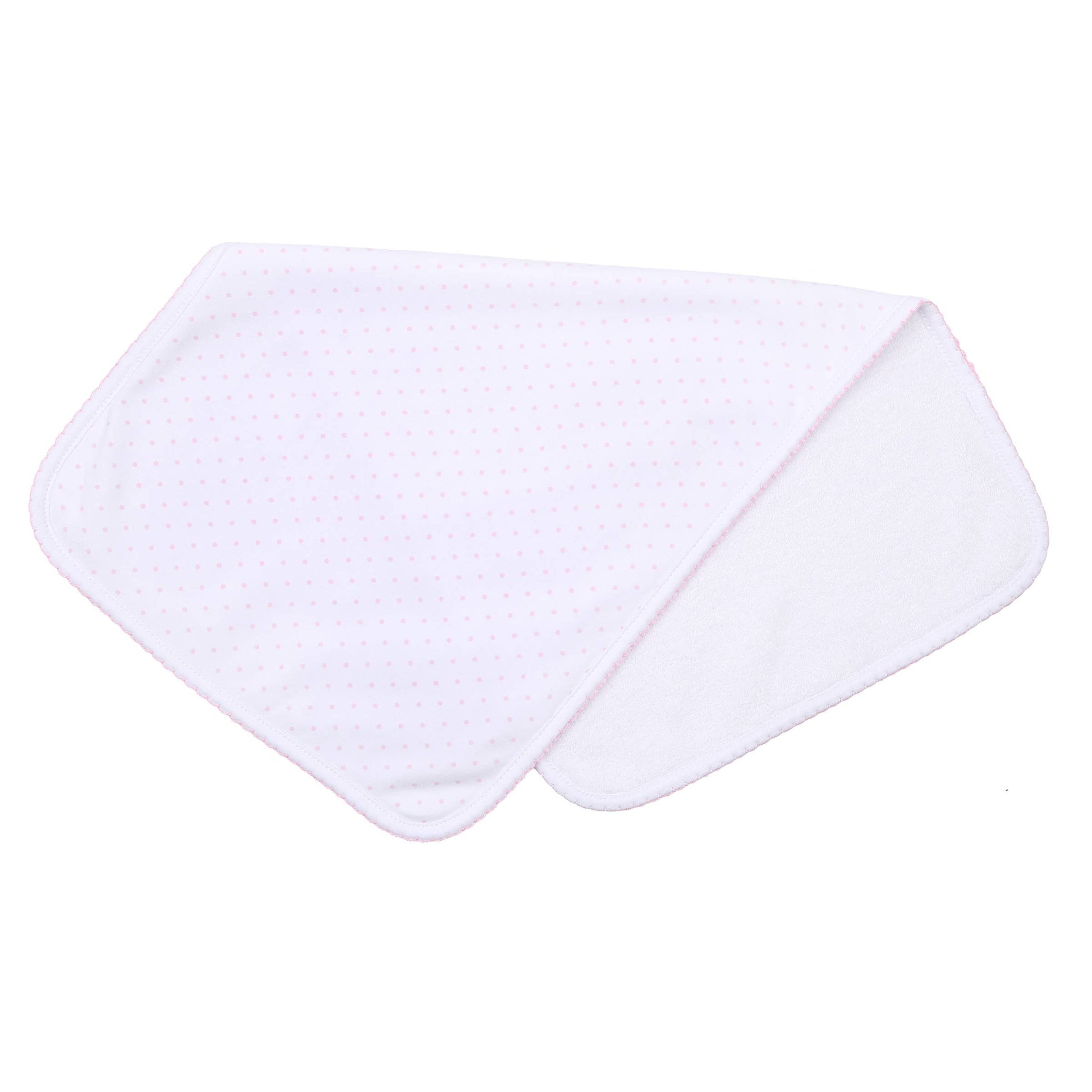 white burp cloth with pink dots on white background