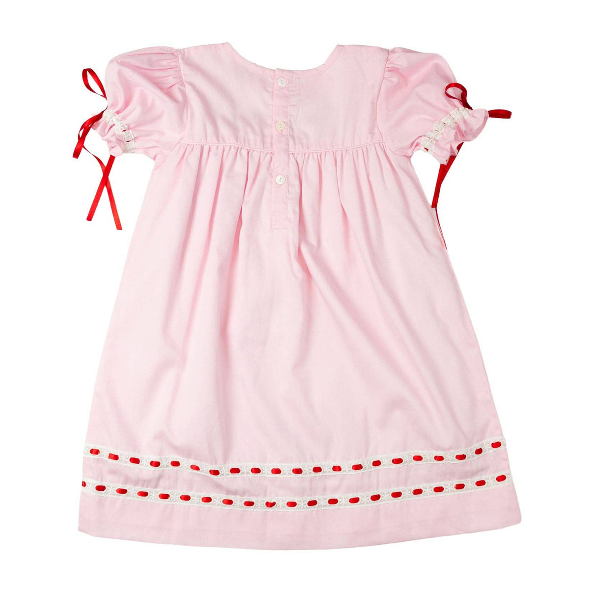 Pink dress with red trim on a white background