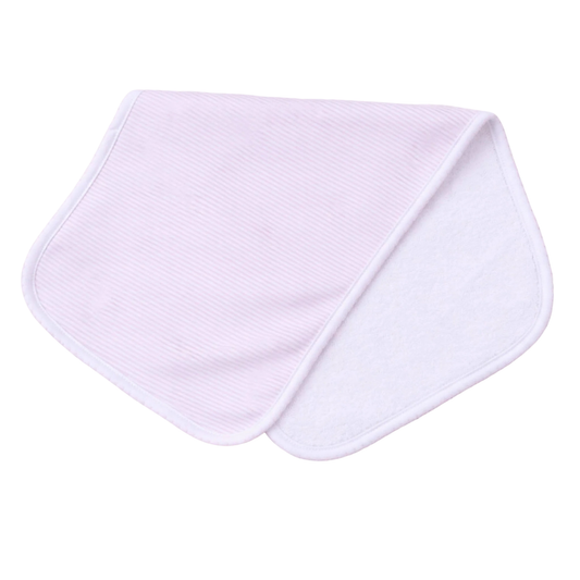 Pink and white stripe burp cloth on a white background