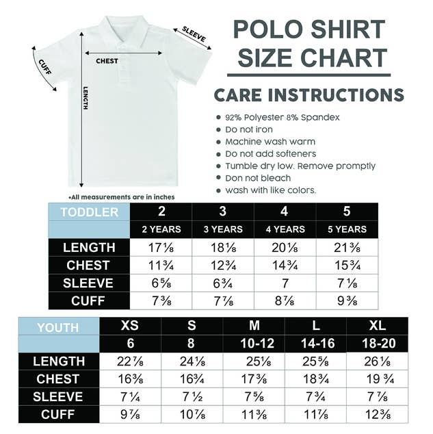 Polo shirt size chart with care instructions and measurements for toddlers and youth.